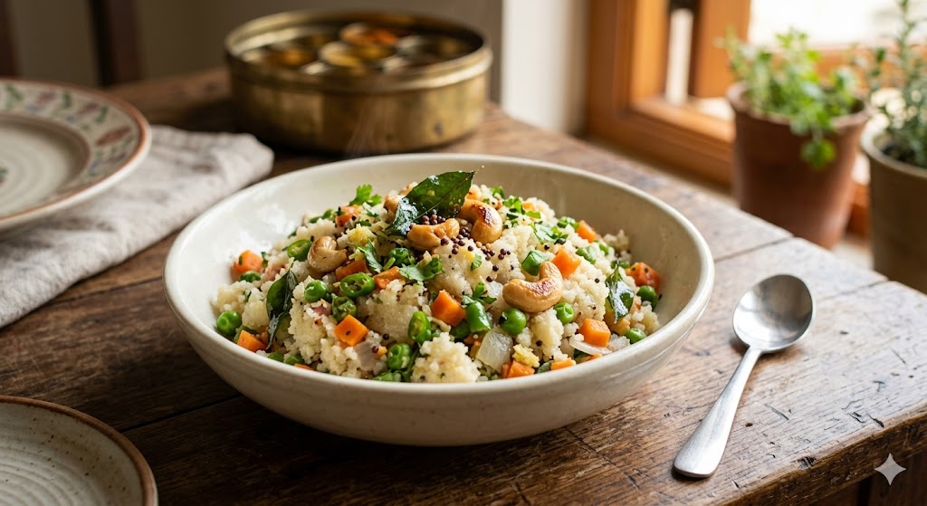 A close-up view of a nutritious bowl of vegetable upma on a rustic wooden table, garnished with cashews, curry leaves, and green chilies. The background features a vintage Indian spice box and a small potted herb plant, conveying a homestyle Indian kitchen vibe.