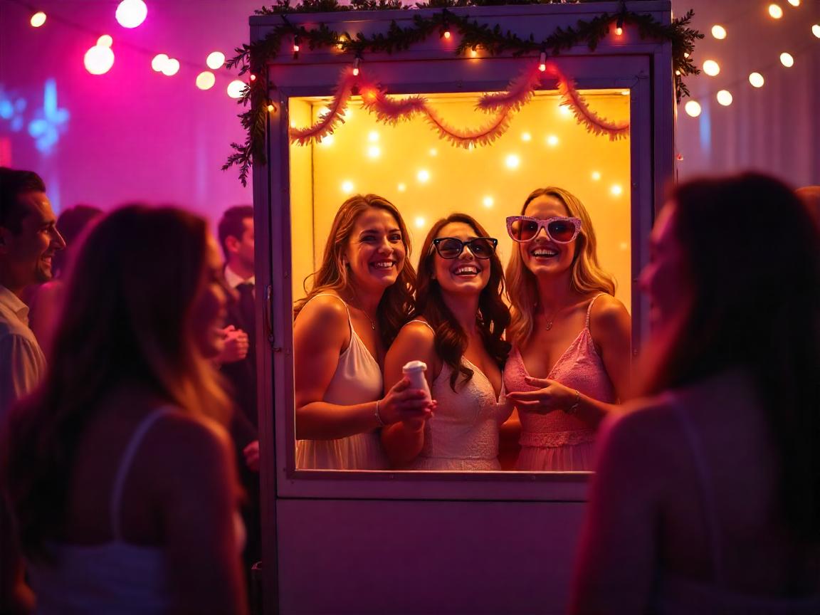Three girls in a photobooth laughing and giggling