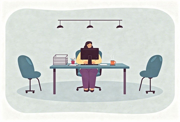 Illustration of a company secretary working at a desk, representing governance and administrative responsibilities