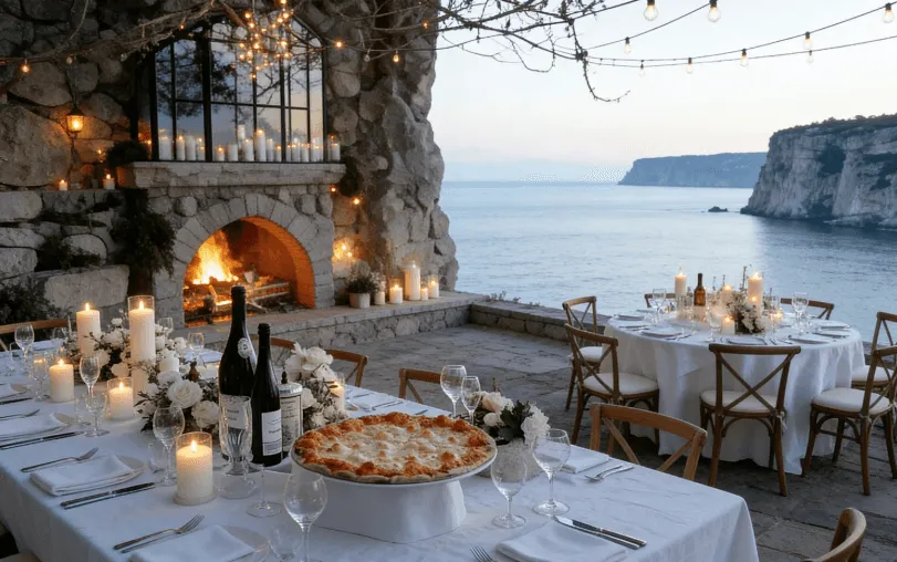A beautiful seaside restaurant patio with elegant tables, softly glowing lights, and scenic ocean view at dusk.