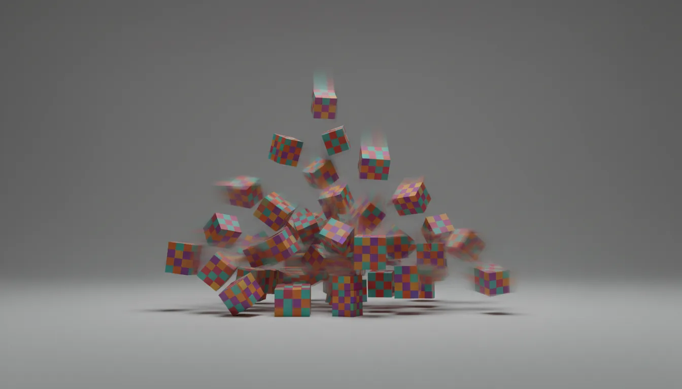 3D render, Blender style, a dynamic pile of tumbling cubes on a flat, matte grey studio backdrop. Each cube is textured with a colorful checkerboard pattern, including shades of orange, teal, yellow, red, and purple. Significant motion blur is applied to the falling cubes, creating streaks of color and a sense of speed. The scene is rendered with soft global illumination, casting gentle, soft-edged shadows on the surface.