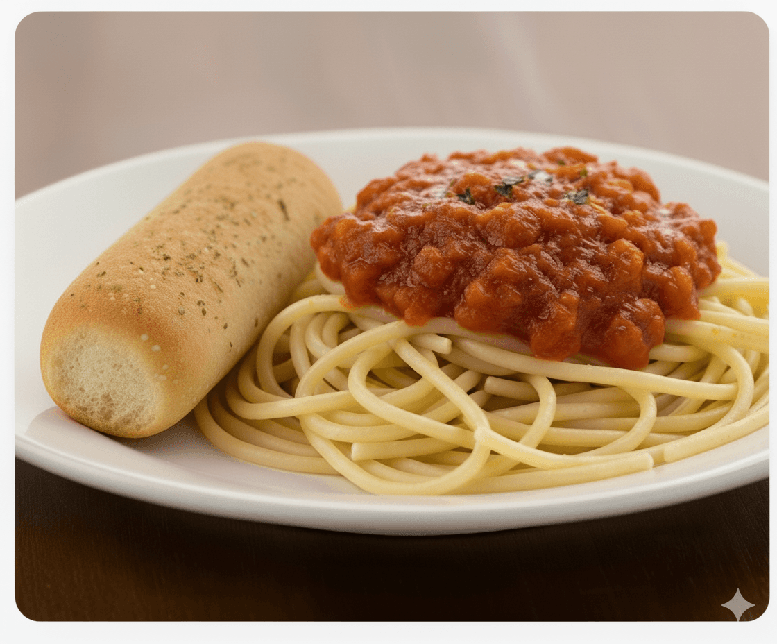 A kid's serving of pasta and garlic breadstick