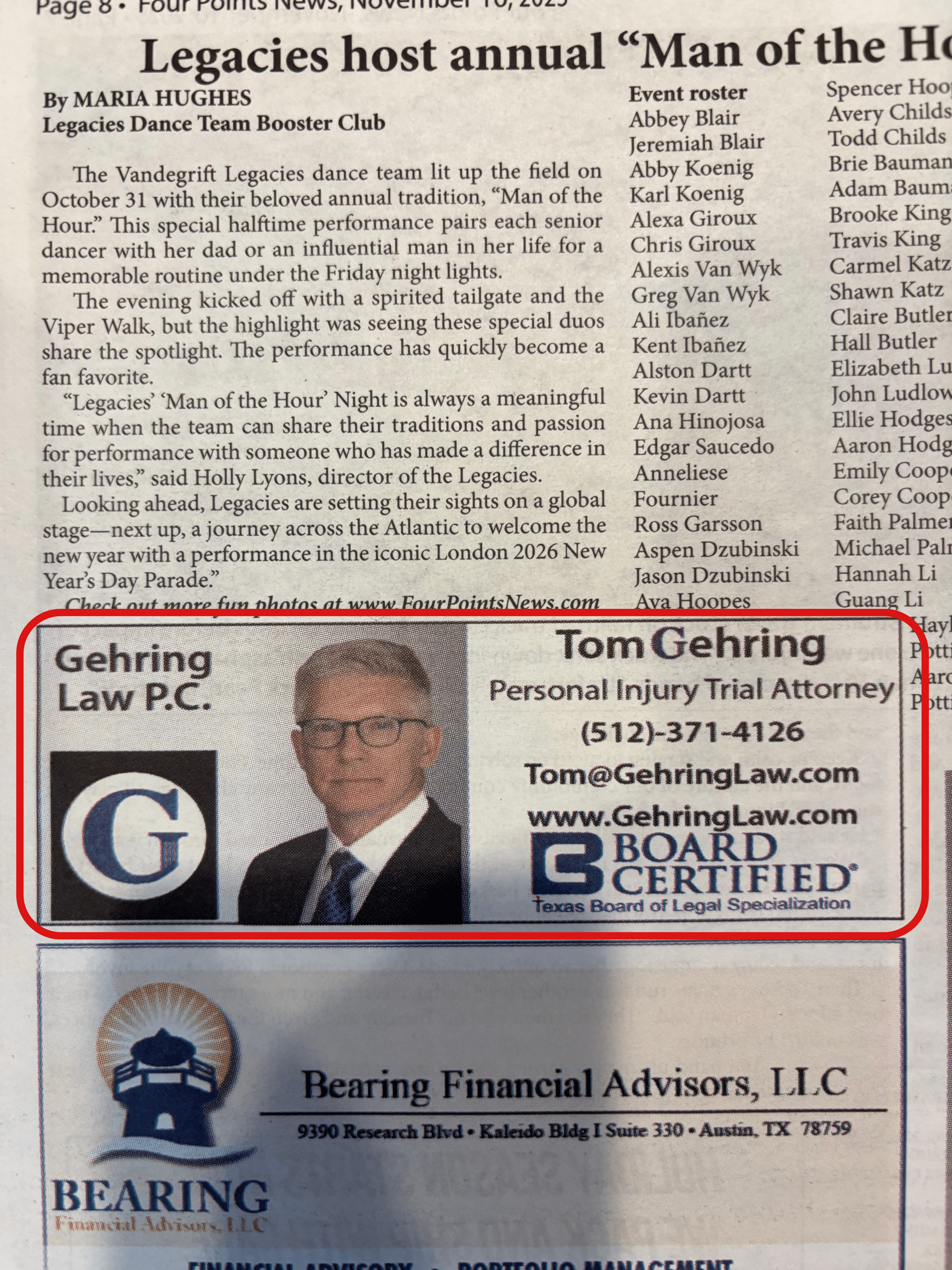 Gehring Law Advertisement in Local Fourpoints Newspaper