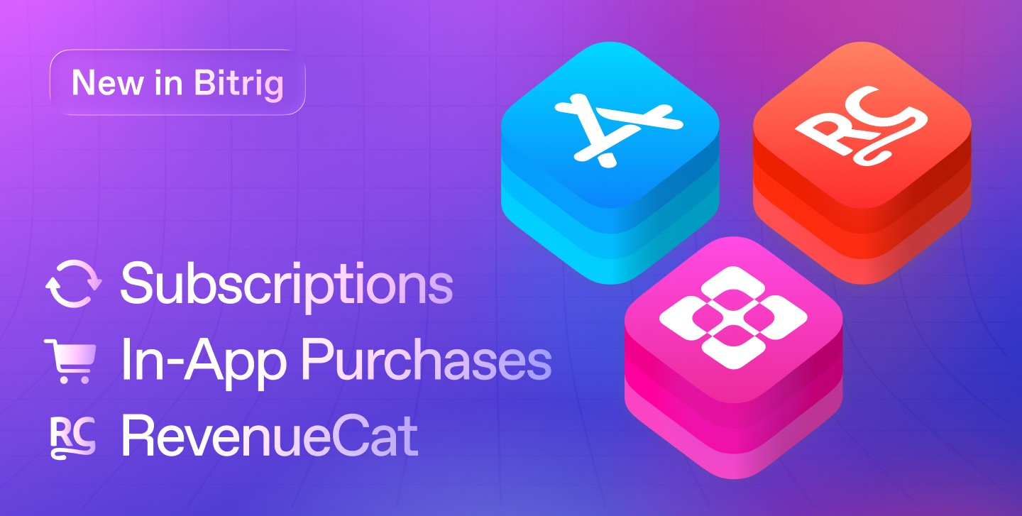 Bitrig, App Store, and RevenueCat icons illustrating that Bitrig can implement subscriptions and in-app purchases