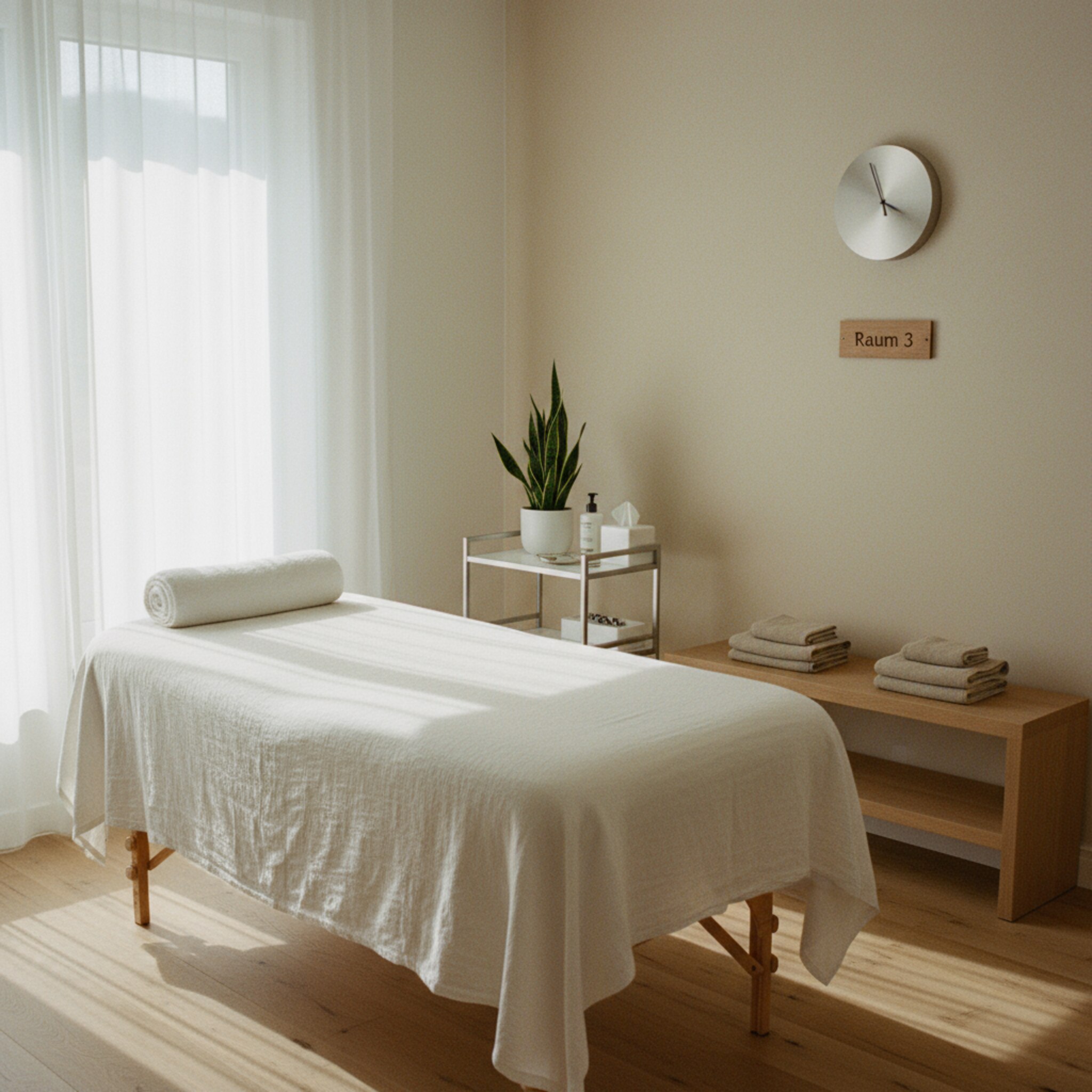 Ein Behandlungsraum mit sauber bezogener Liege, ordentlich gefalteten Tüchern und einem schlichten Türschild mit der Aufschrift Raum 3. Eine Uhr an der Wand markiert den Stundenwechsel. Die Szene wirkt vorbereitet und ruhig, als könnte eine externe Therapeutin den Raum gleich eigenständig übernehmen.