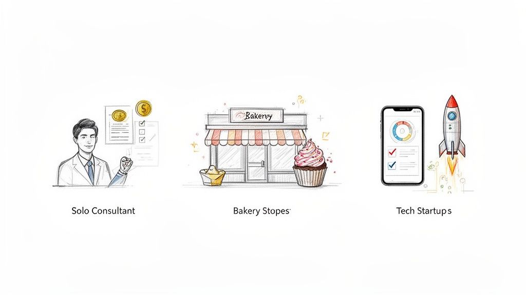 Illustrations depicting a solo consultant, a bakery storefront, and a tech startup with a launching rocket.