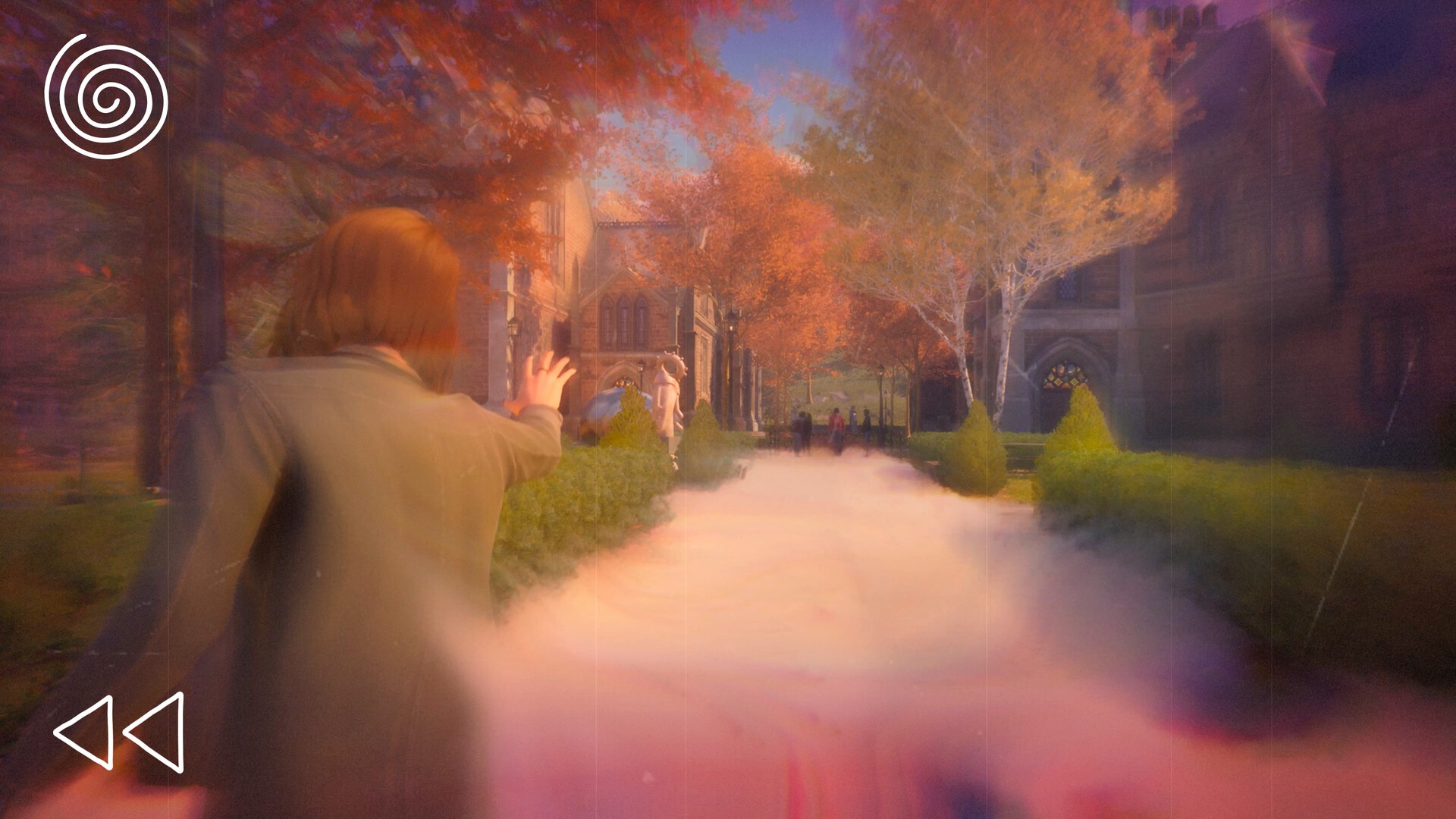 Scène avec pouvoir surnaturel dans Life is Strange Reunion montrant une vision floue et un effet de manipulation du temps