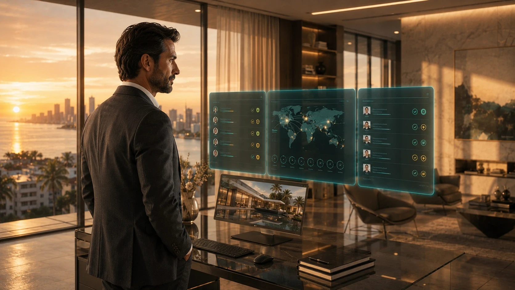 A luxury real estate agent stands in a modern waterfront office, using an AI-powered property management and client engagement platform displayed as transparent holographic dashboards. The interface shows buyer and seller profiles, global property activity, lead qualification, and sales pipeline analytics, while a desktop monitor displays a high-end waterfront home listing. Floor-to-ceiling windows overlook a coastal city skyline at sunset, emphasizing AI-driven real estate sales, client management, and premium property marketing.