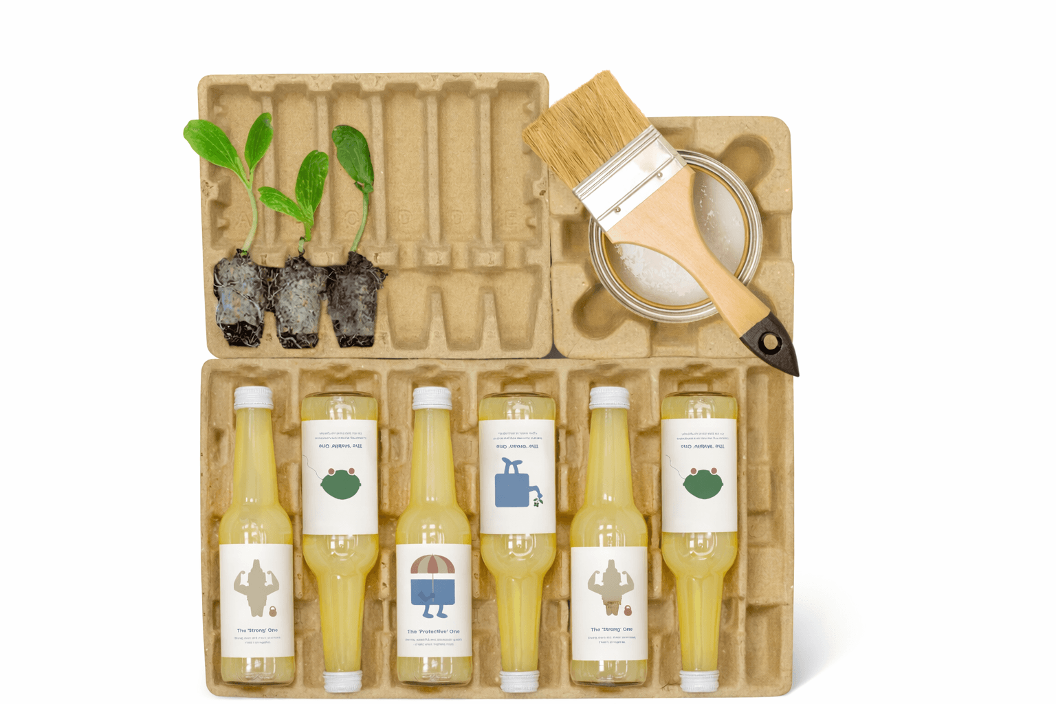 Molded fiber protective packaging tray made from recycled paper, holding glass bottles and products, illustrating plastic-free, recyclable, and sustainable secondary packaging.