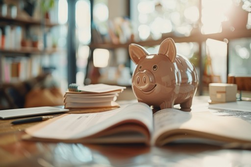 A piggy bank sits on an open book, with a cozy, sunlit room and bookshelves in the background.