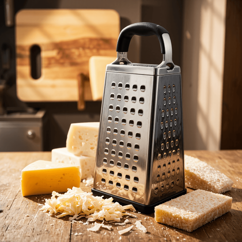 product photography of a box grater used for shredding and grating food