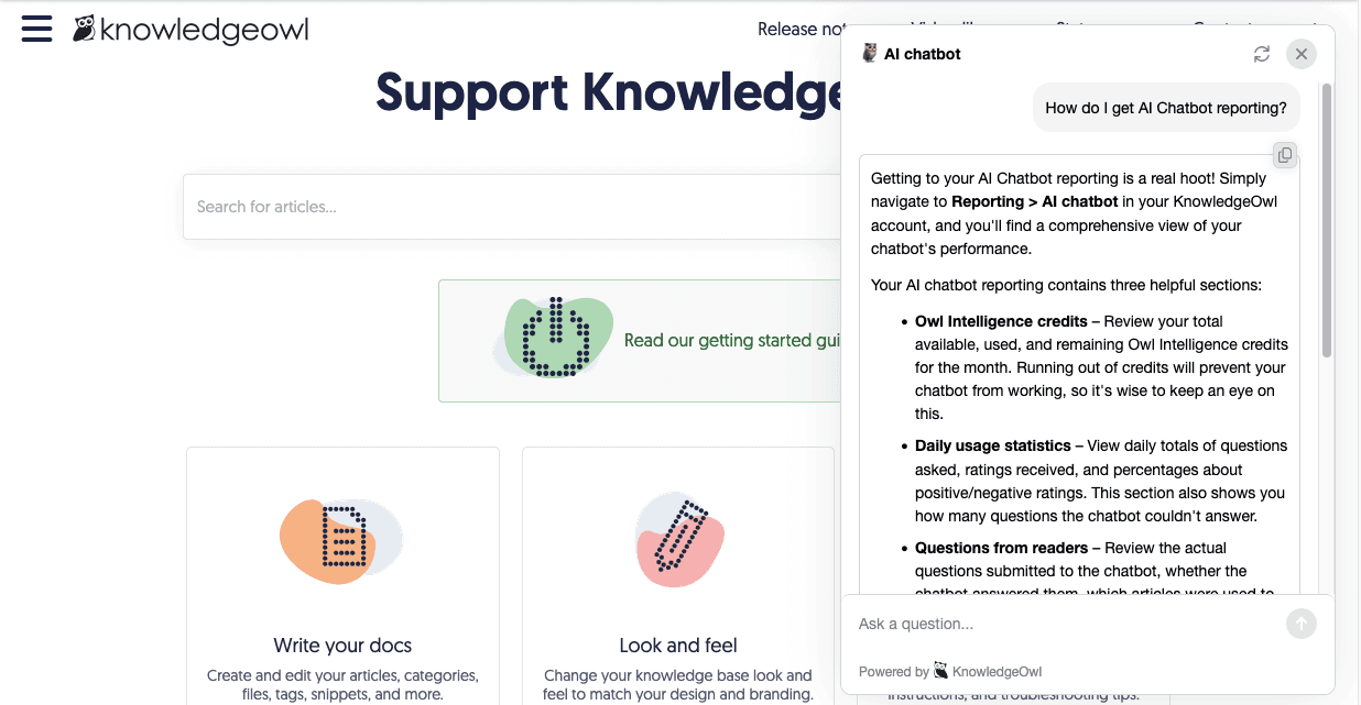 screenshot of KnowledgeOwl AI Chatbot answering a question on the Suport Docs