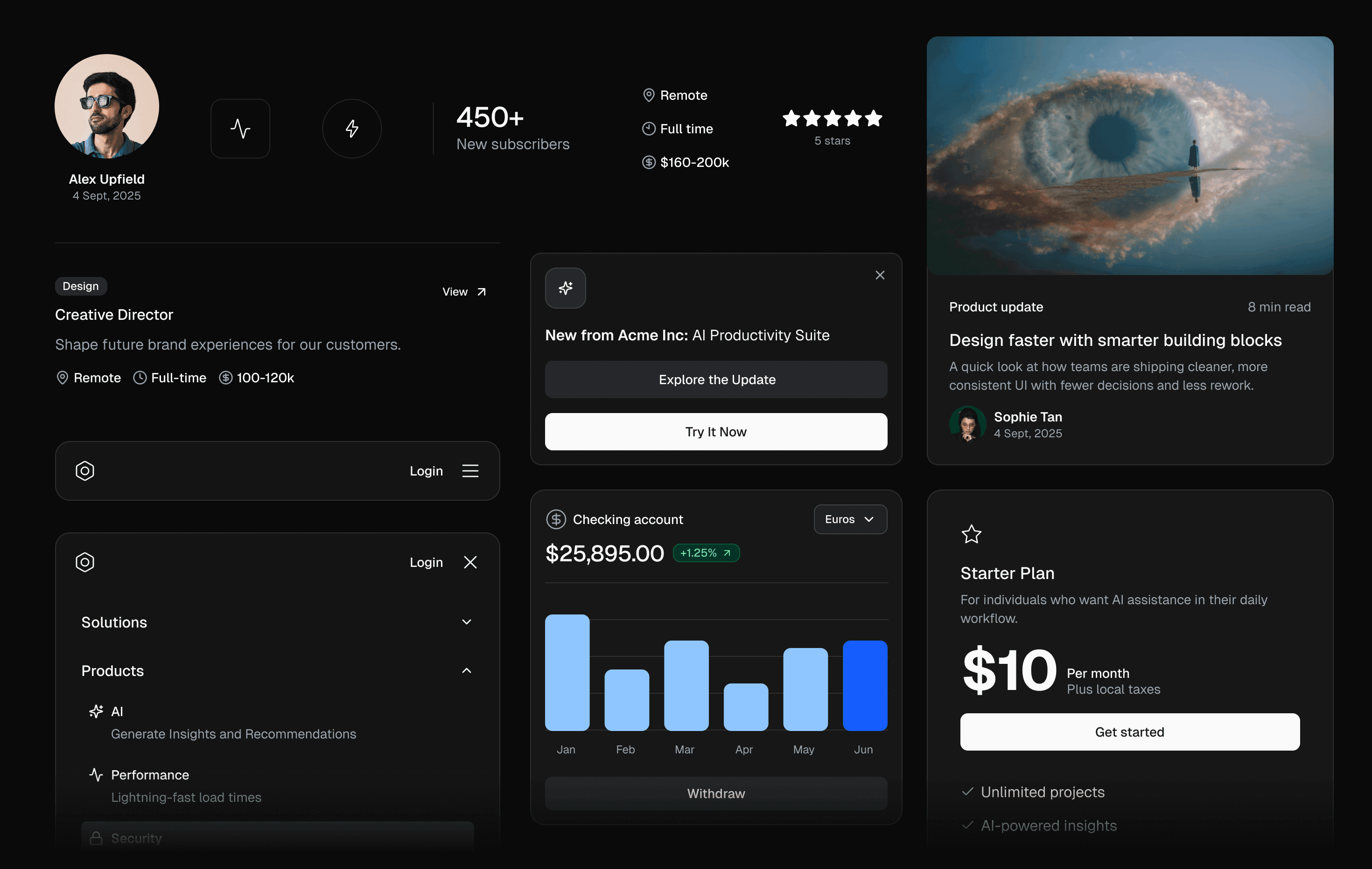 Profile page featuring Alex Upfield as Creative Director with remote and full-time job details. Emphasizes AI benefits in work efficiency. Includes a subscription notice, tutorial image, and a $10 starter plan option. Design is sleek and professional.
