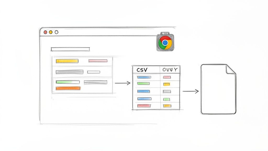 A diagram illustrating a Chrome extension extracting website data, converting it to a CSV/OVVY table, and saving it as a file.