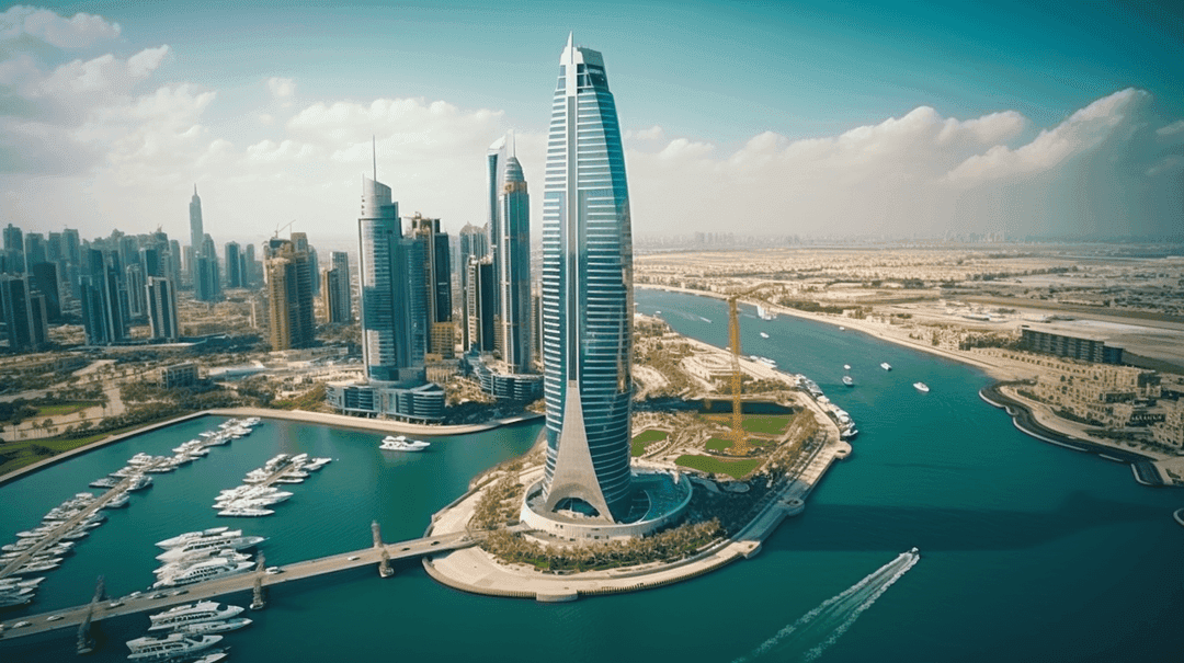 Aerial view of Dubai Marina with luxury towers, yacht harbor, and distinctive curved skyscraper on waterfront