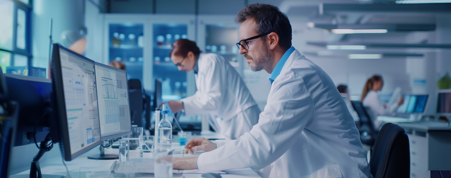 Data scientists in a busy room examine monitors displaying RAG pipelines, current events, and other AI-related media.