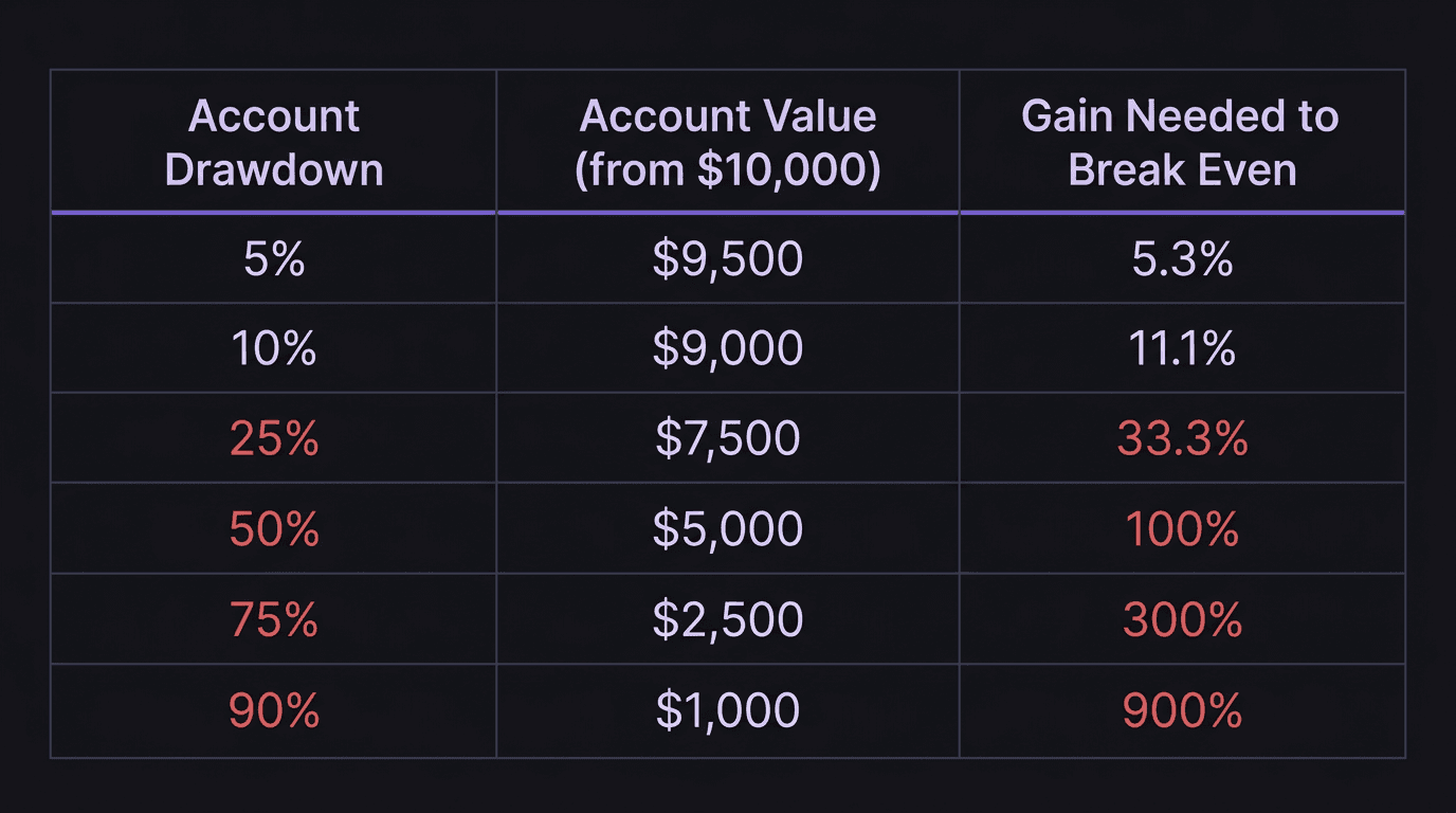 Comparison table showing the exponential recovery requirement as drawdown increases