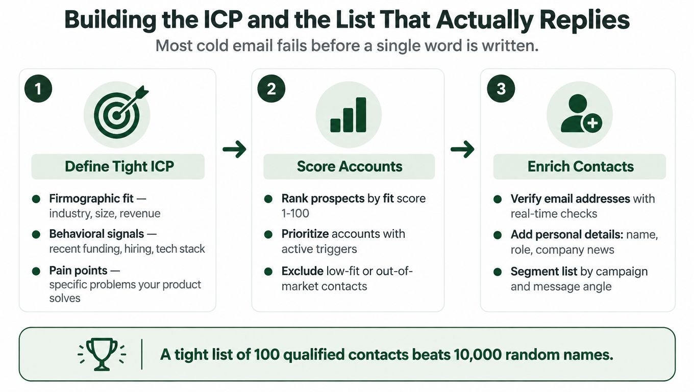 A three-step guide to building a qualified cold email list through ICP definition, account scoring, and enrichment.