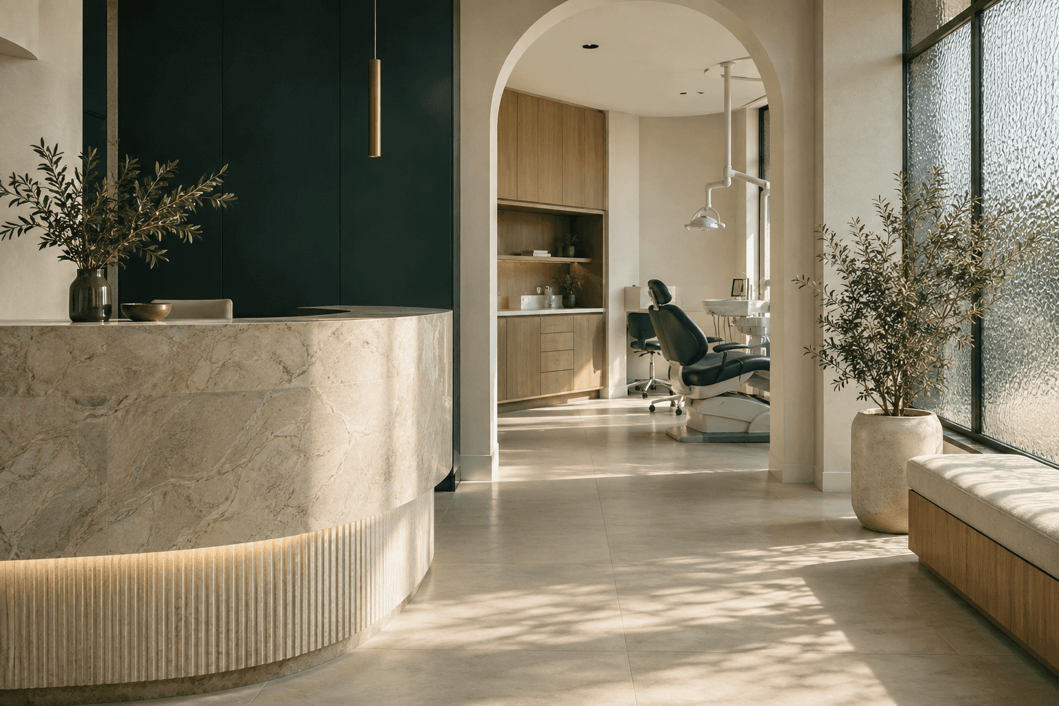 An imagined Novadent reception with forest-green walls, stone and natural light