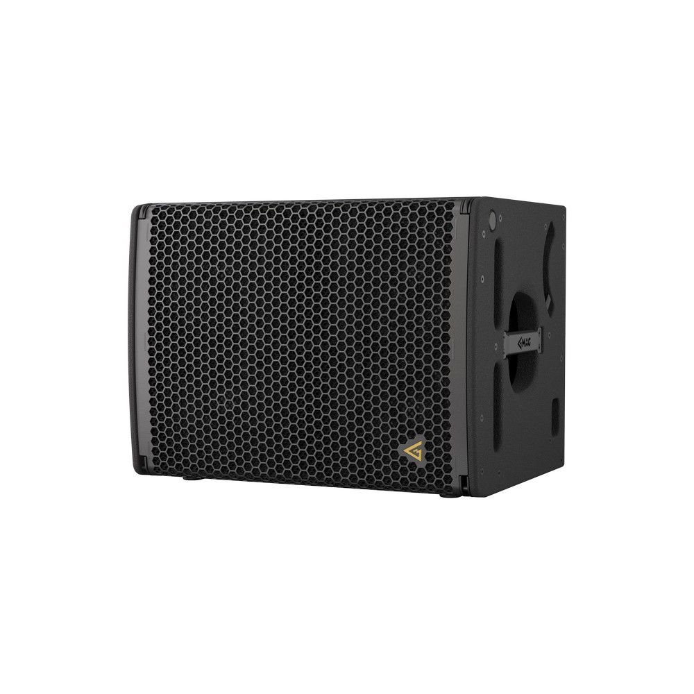 Black speaker with honeycomb grill and logo