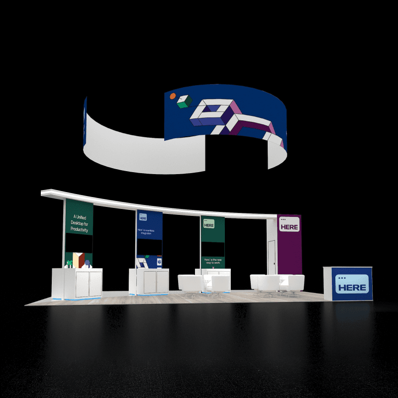 20x30 trade show exhibit with branded display walls and customer consultation space