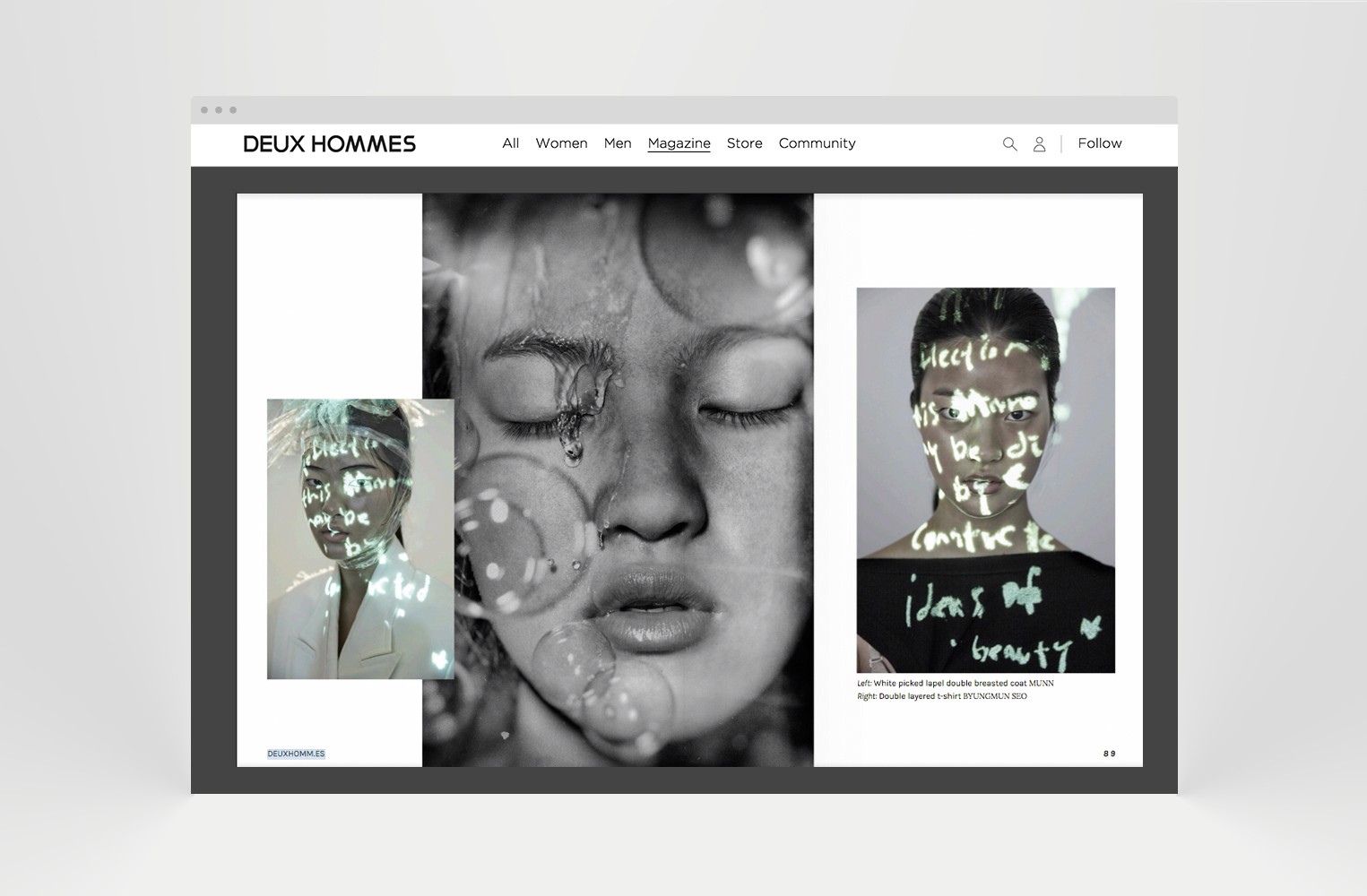 Artistic magazine layout featuring striking black and white portraits with layered text, enhancing visual storytelling about beauty and fashion.