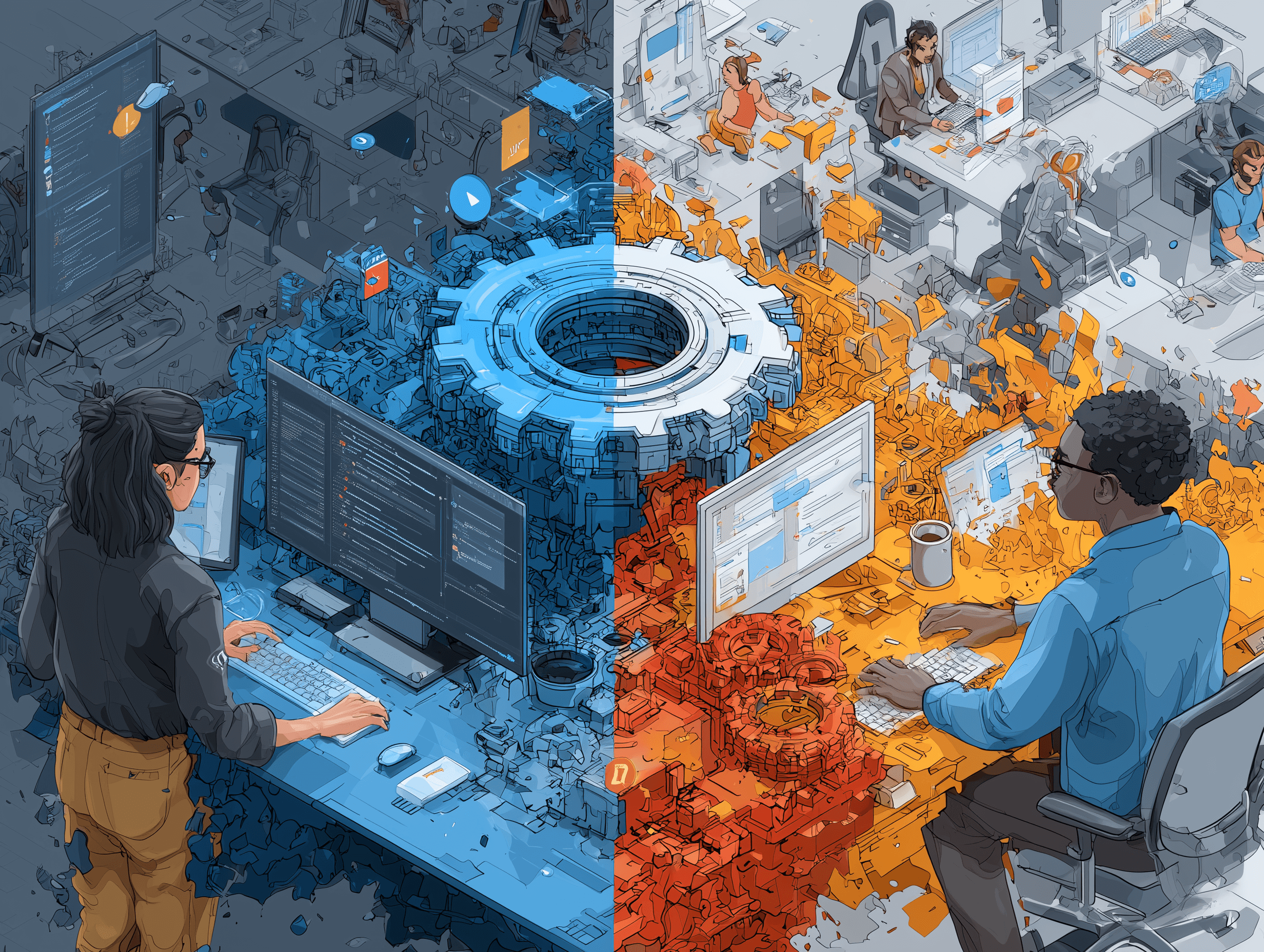 Split-screen illustration showing the contrast between failed AI adoption (cluttered, confused implementation with broken pieces) versus successful AI adoption (organized, integrated system with humans and AI working together)
