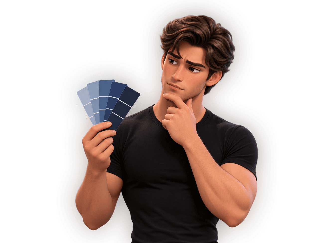 3D illustration of a thoughtful young man in a black T-shirt comparing a fan of blue color swatches while resting his hand on his chin.