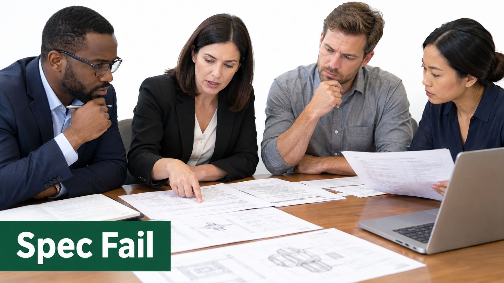 A diverse team of professionals collaboratively reviewing technical architectural blueprints and documents during a business meeting.