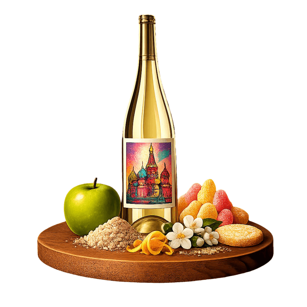 Artistic label and flavor profile for Russian Sparkling Wine on a rustic wooden table.