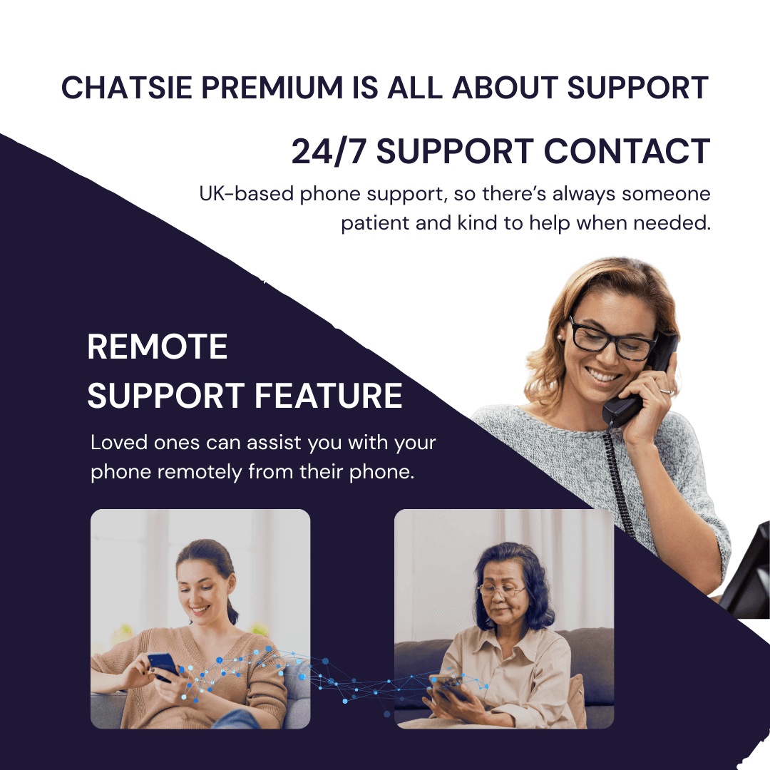 A younger woman sits with an older woman outdoors, smiling as they look at a phone together, alongside a screenshot showing how Chatsie allows loved ones to provide remote support from their own device.