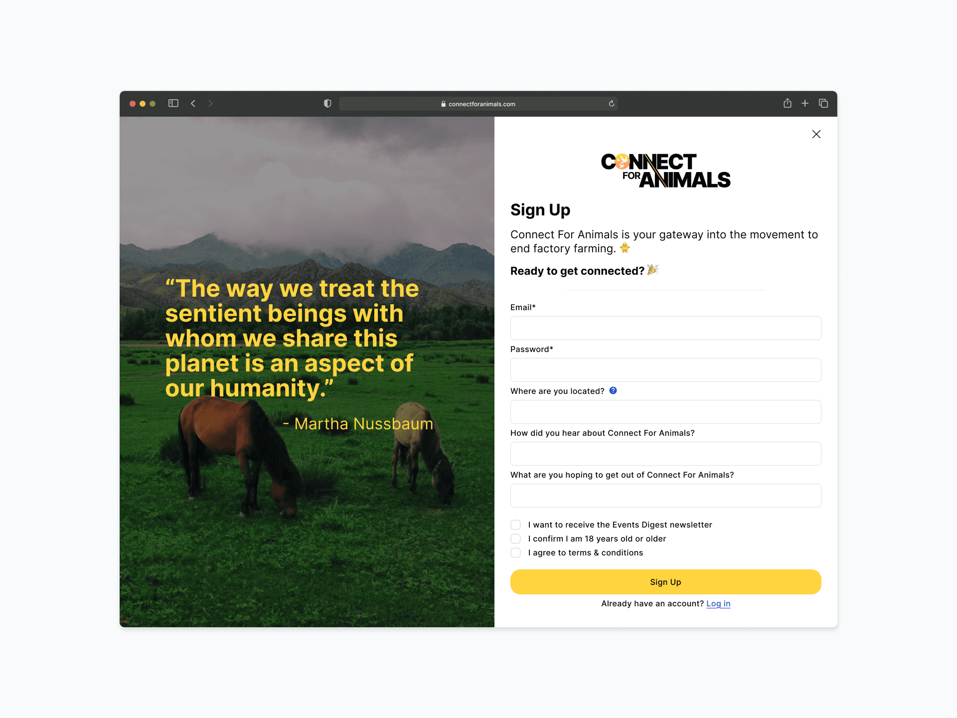 Sign-up screen for Connect For Animals