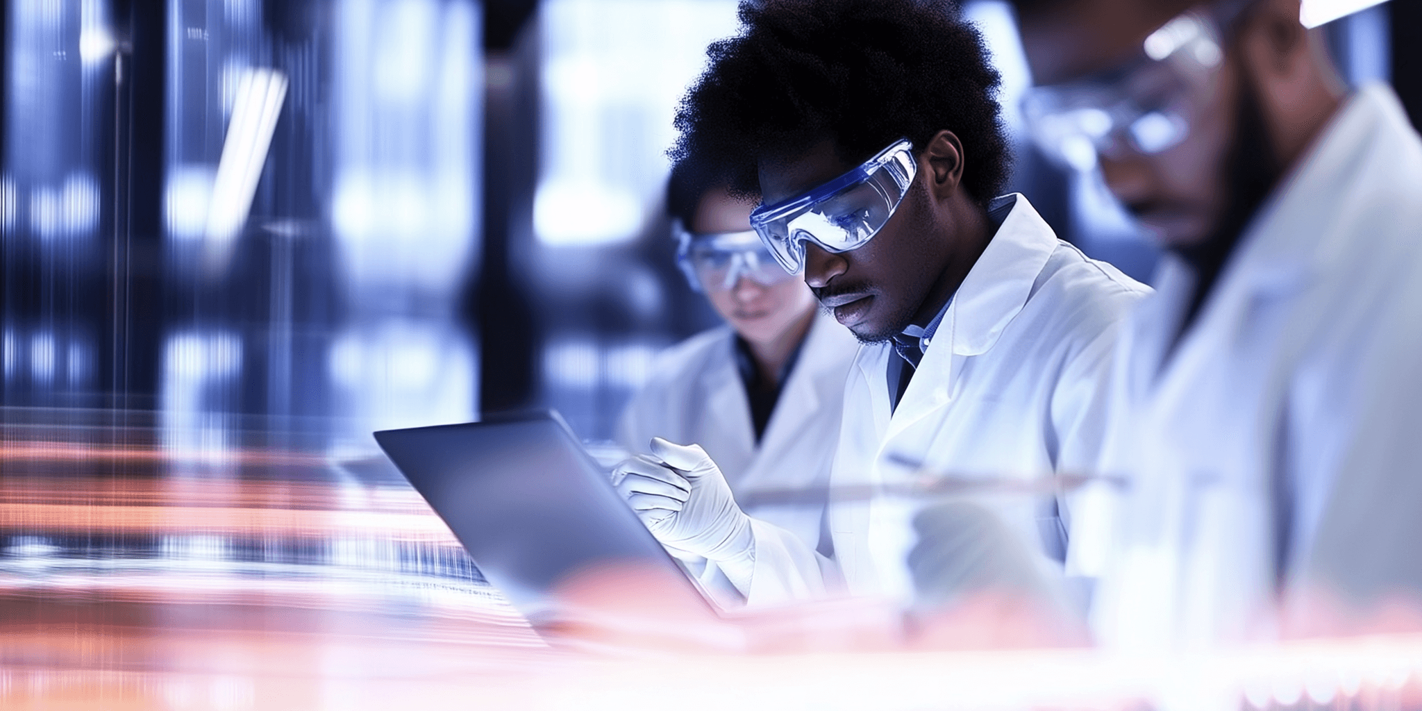 Scientists in white coats working on their research in a lab on a computer in a futuristic setting.