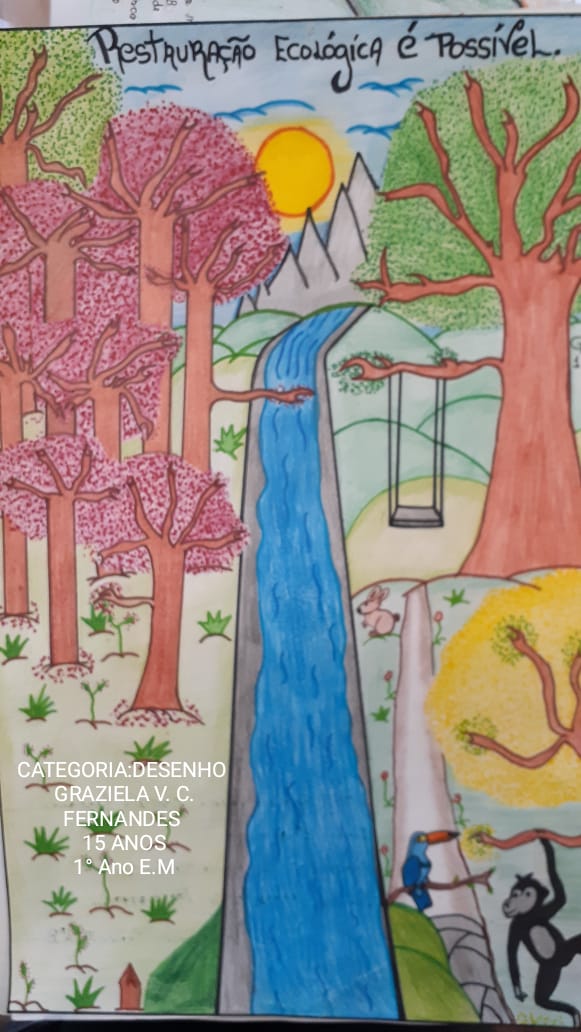 Desenho de aluna com o título Restauração Ecológica é Possível, com árvores floridas, cachoeira e animais