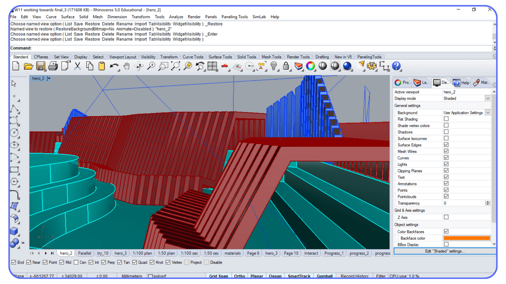 Rhino 3D viewport showing an architectural model with stepped platforms, curved seating, and layered structural elements, with shading and visibility settings open on the right.