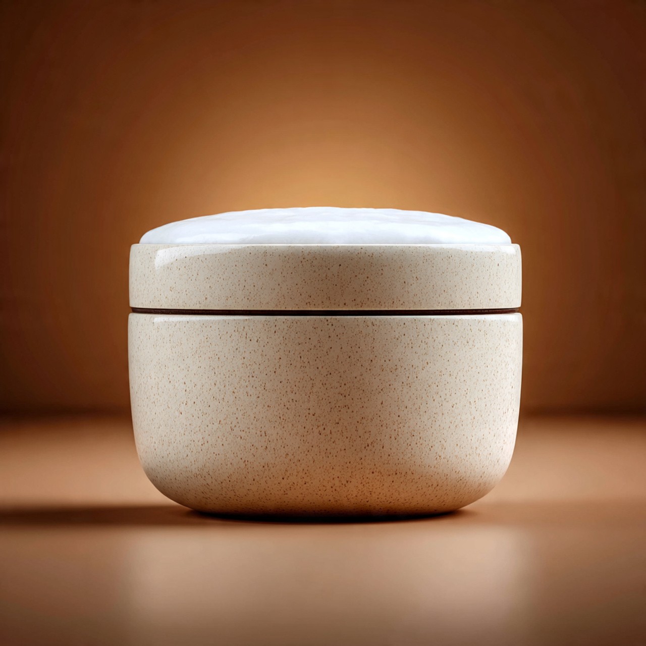 A beige, textured ceramic container with a flat, white lid sits against a warm brown background, creating a minimalist and calming atmosphere