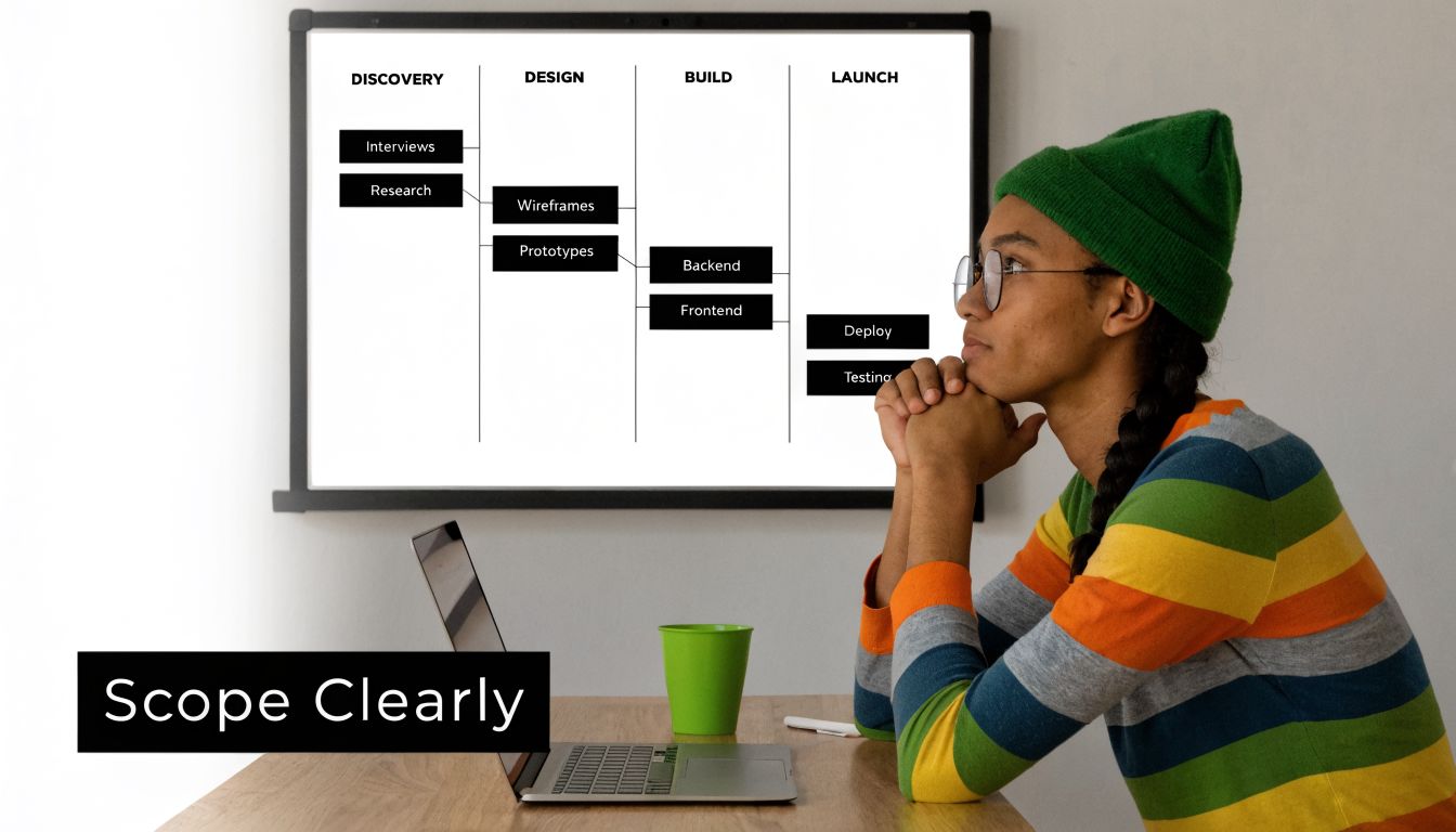 A person looks at a project development flowchart displayed on a whiteboard while working on a laptop.