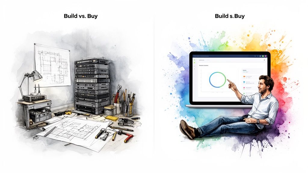 Image illustrates the 'build versus buy' dilemma, showing a messy workshop and a man using a clean software solution.