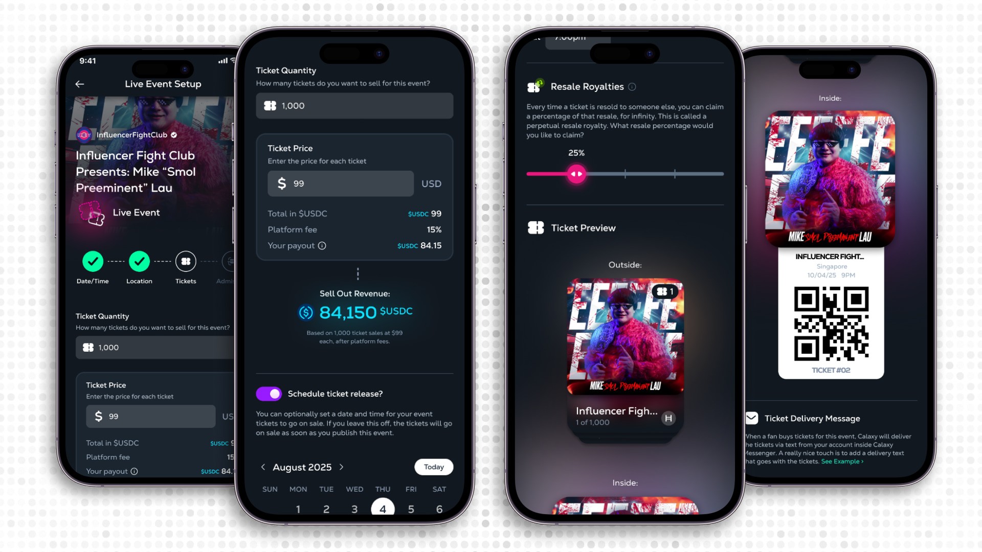 Wallet-native NFT ticket management interface in the Calaxy app, showing owned collectibles alongside event tickets within a closed-loop blockchain wallet experience.