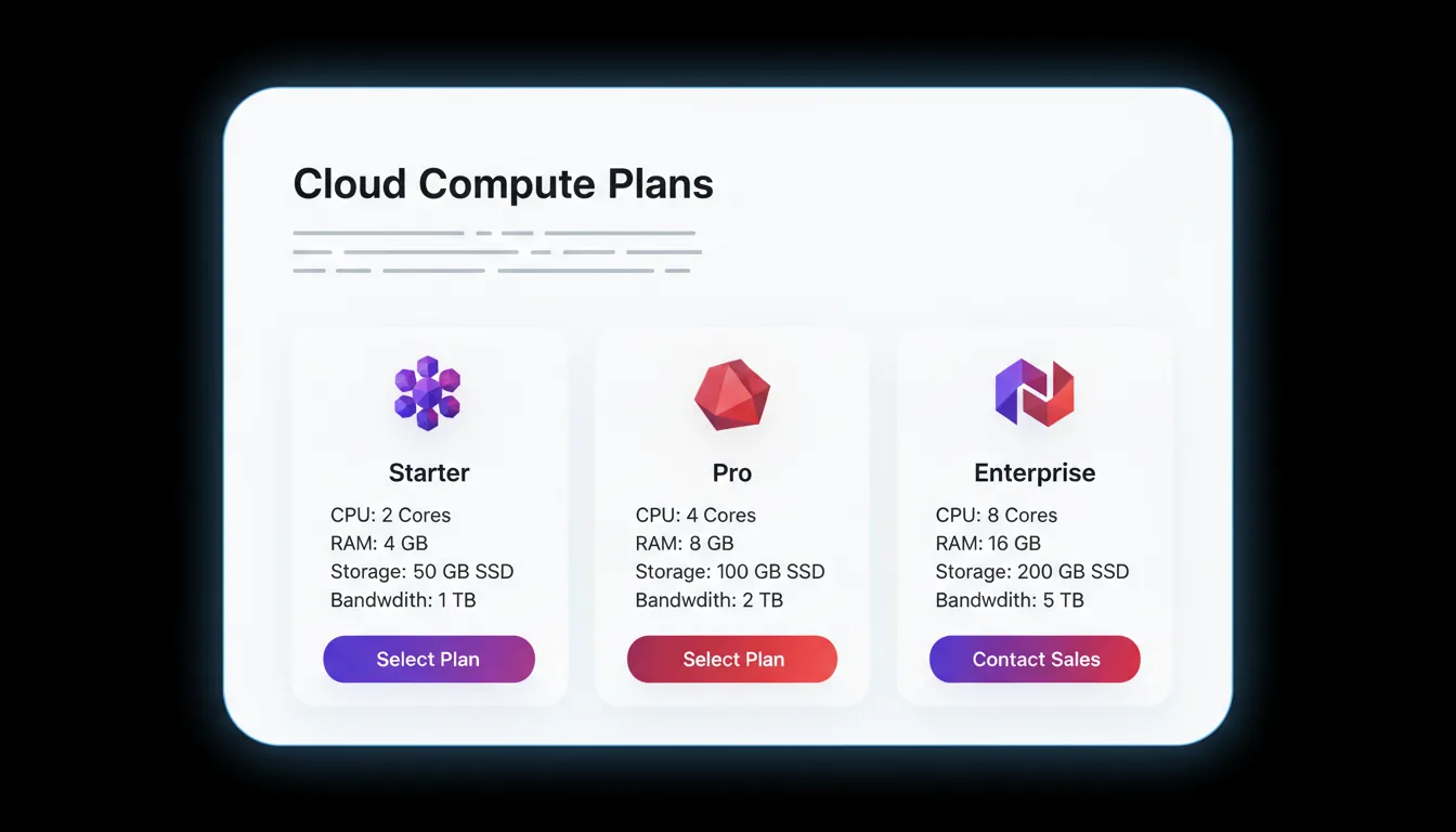 A screenshot of a modern SaaS pricing page UI in Clean Light Mode, featuring a central white card with rounded corners and a thin blue glowing border, set against a solid black background. At the top of the card, a large, bold headline and a paragraph of abstracted text lines are visible. Below, a horizontal grid of pricing plan cards is displayed, each containing a small, colorful, low-poly 3D abstract icon, a list of computer hardware specifications with placeholder data, and a prominent call-to-action button at the bottom. The UI design uses vibrant purple and muted red as primary accent colors for the icons and buttons.