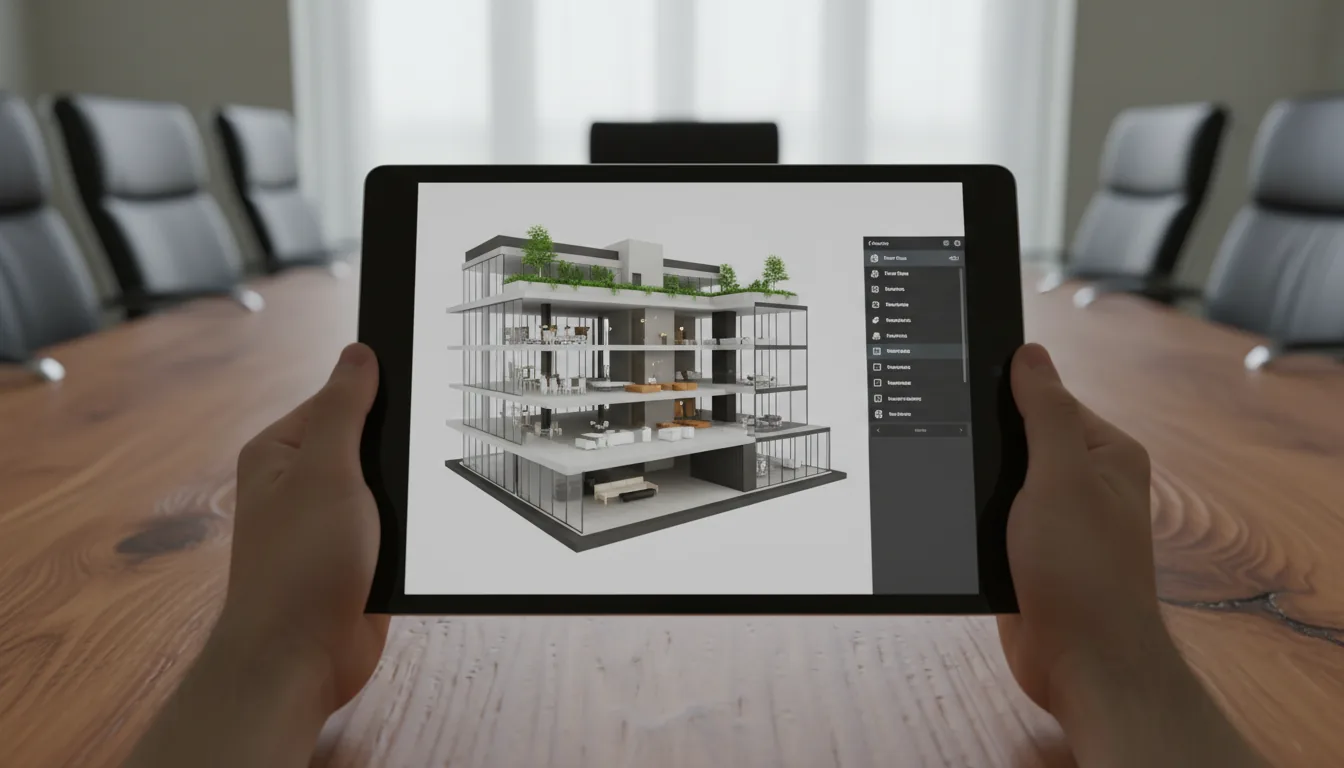 Close-up DSLR photograph from a first-person perspective of hands holding a black tablet horizontally. The tablet screen displays a Unity 3D architectural visualization app showing a detailed 3D model of a multi-story building with a cutaway view, revealing interior structures and a vibrant green rooftop. A semi-transparent dark mode UI sidebar is on the right, filled with a list of placeholder category labels and icons. The tablet is held over a warm wood grain conference table, with dark leather office chairs in the softly blurred background, all under natural daylight with a shallow depth of field.