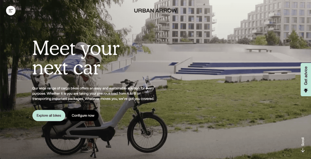 Startseite von Urban Arrow mit Lastenrad und der Headline Meet your next car, ein Headless-Shopify-Build