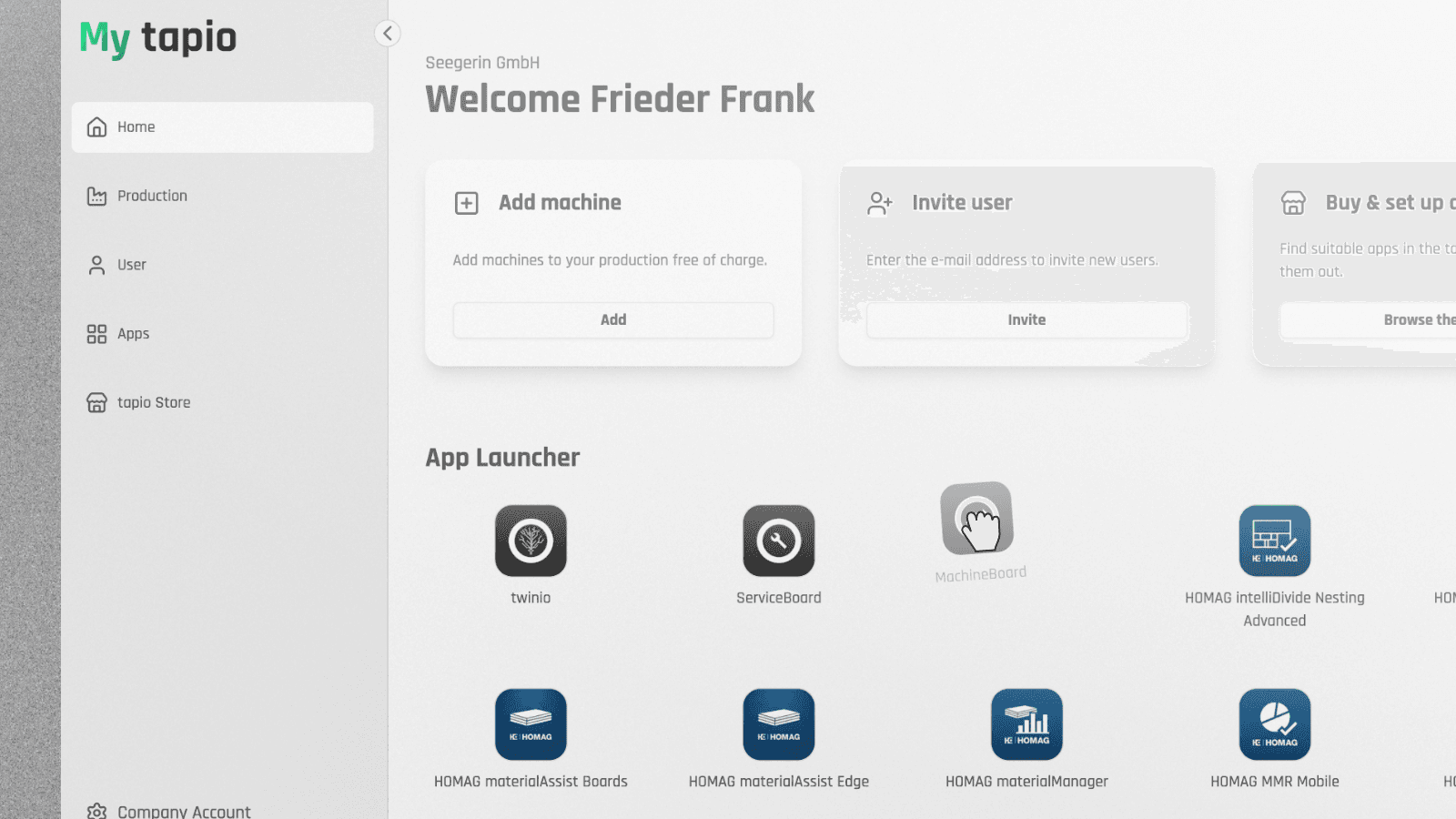 Screenshot des neuen App Launchers im Homebereich von My tapio