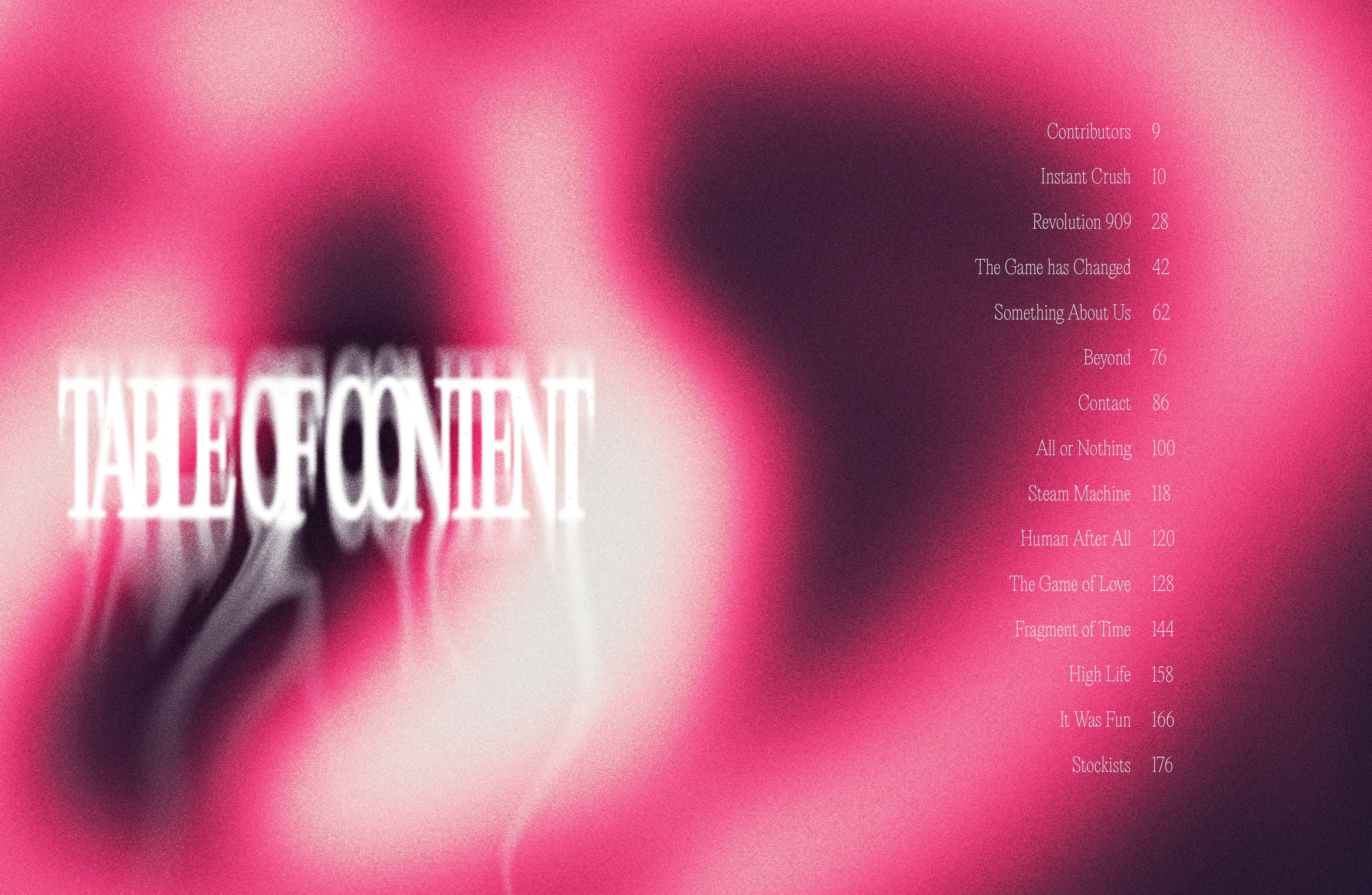 Distorted white lettering on a blurred pink background, with the issue contents set in a narrow column.