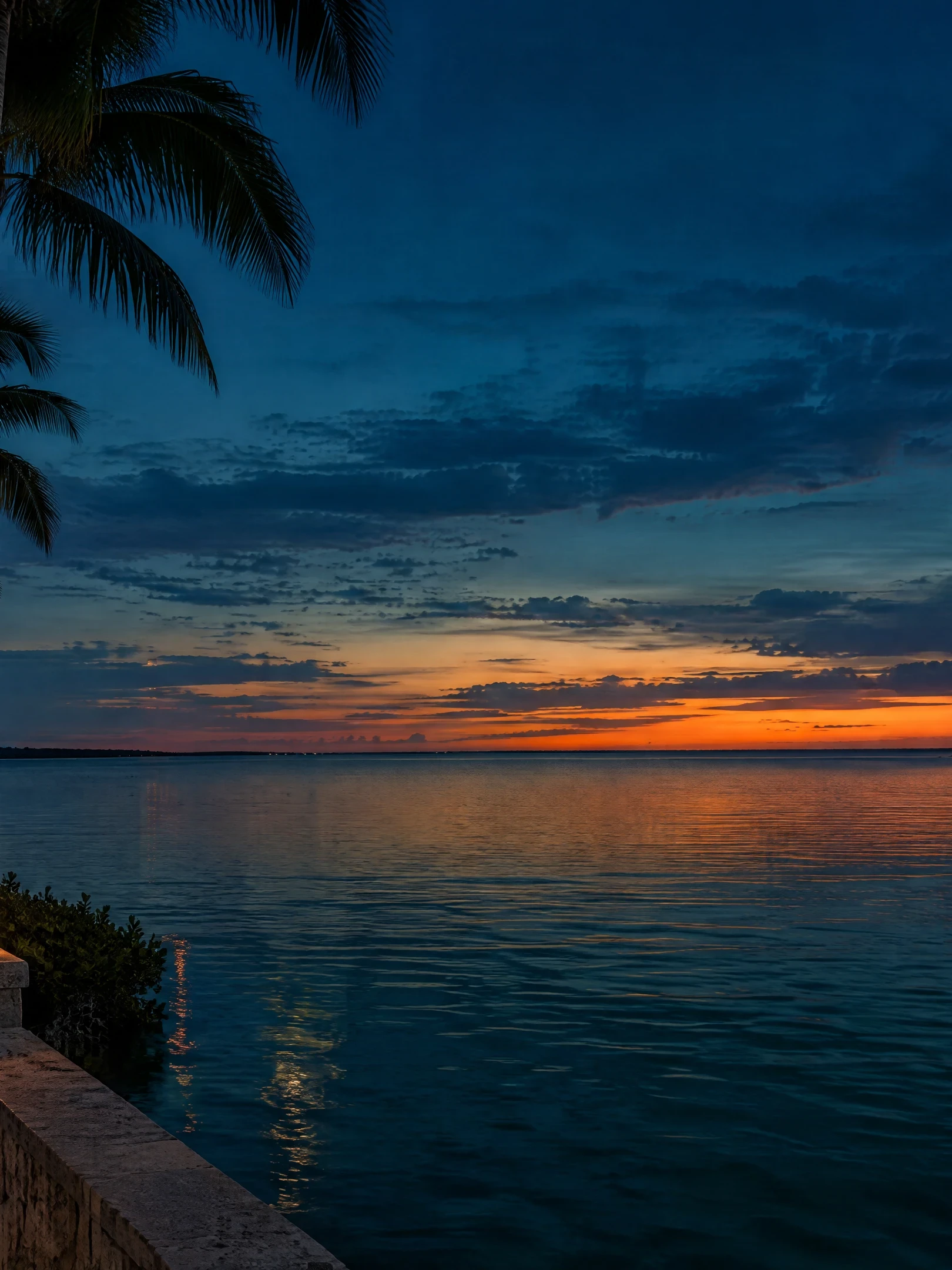 Waterfront promenade with palm trees at sunset