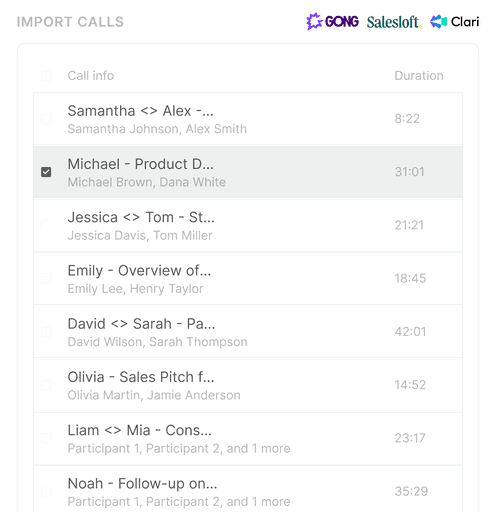 The 'Import Calls' feature in the FullyRamped platform, showing integrations with Gong, Salesloft, and Clari, and a list of sales calls available for import and analysis.