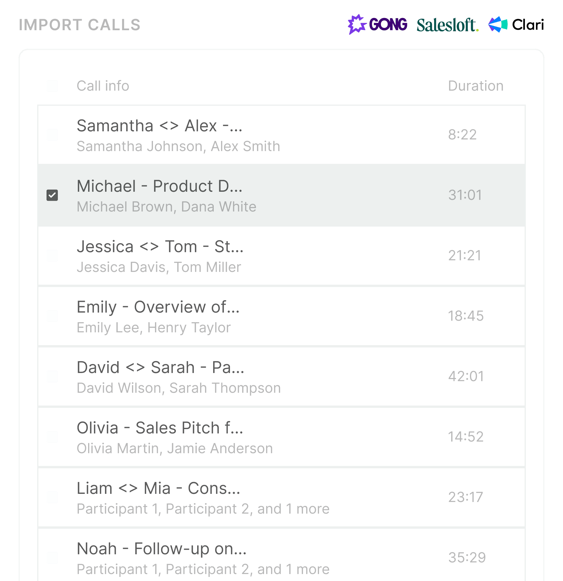 The 'Import Calls' feature in the FullyRamped platform, showing integrations with Gong, Salesloft, and Clari, and a list of sales calls available for import and analysis.