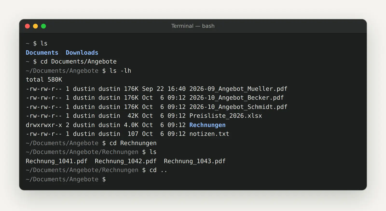 Terminal-Sitzung mit ls, cd und ls -lh in einem Ordner mit Angeboten