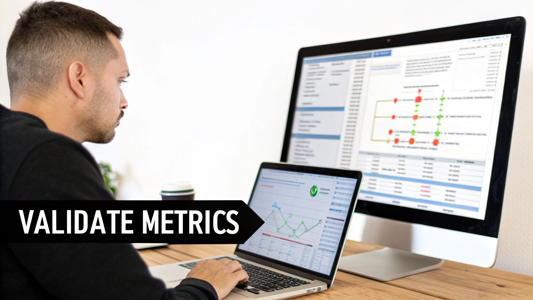 A man validates metrics, analyzing data on a laptop and a large monitor displaying graphs and flowcharts.