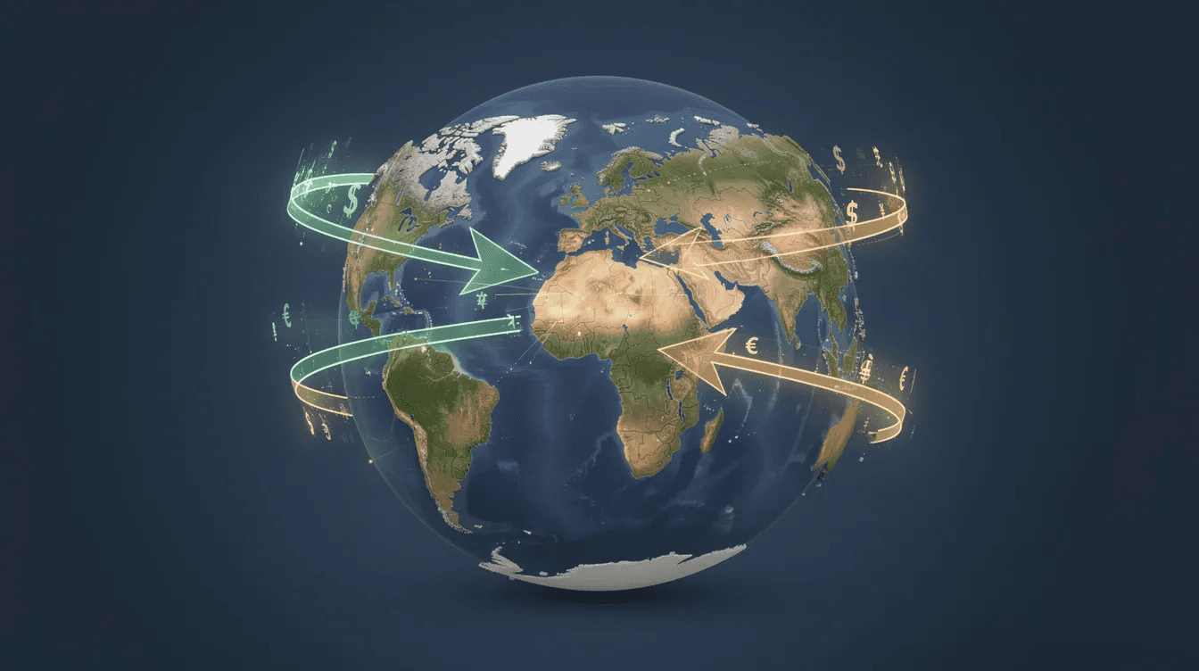The image features a globe surrounded by arrows indicating the flow of money between different continents, symbolizing the impact of currency movements on global investors. This visual representation highlights the complexities of navigating currency risk in a global portfolio, showcasing the interconnectivity of foreign currencies and their influence on investment strategies.